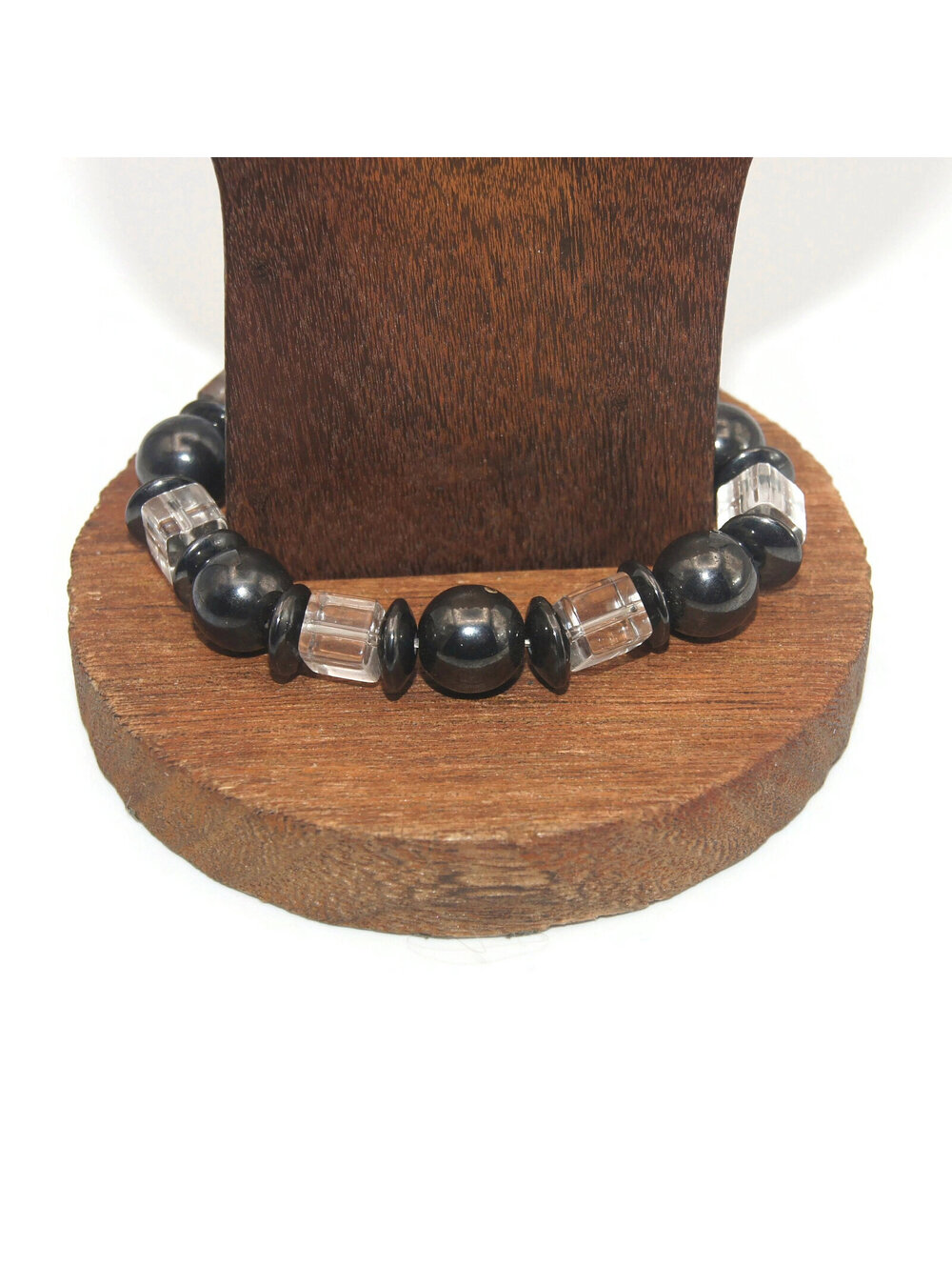 Vintage Hematite and Clear Plastic Beaded 6 1/2 Inch Elastic Bracelet.